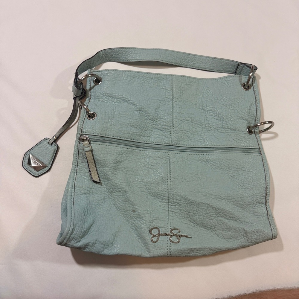 Jessica Simpson Hobo Bag Womens Large Mint Blue Whipstitch Chain Detail Slouchy